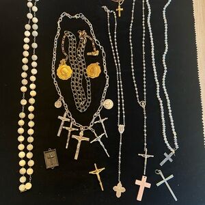 Lot of Silver and Gold Cross Necklaces, Rosaries, Beads and Single Crosses.